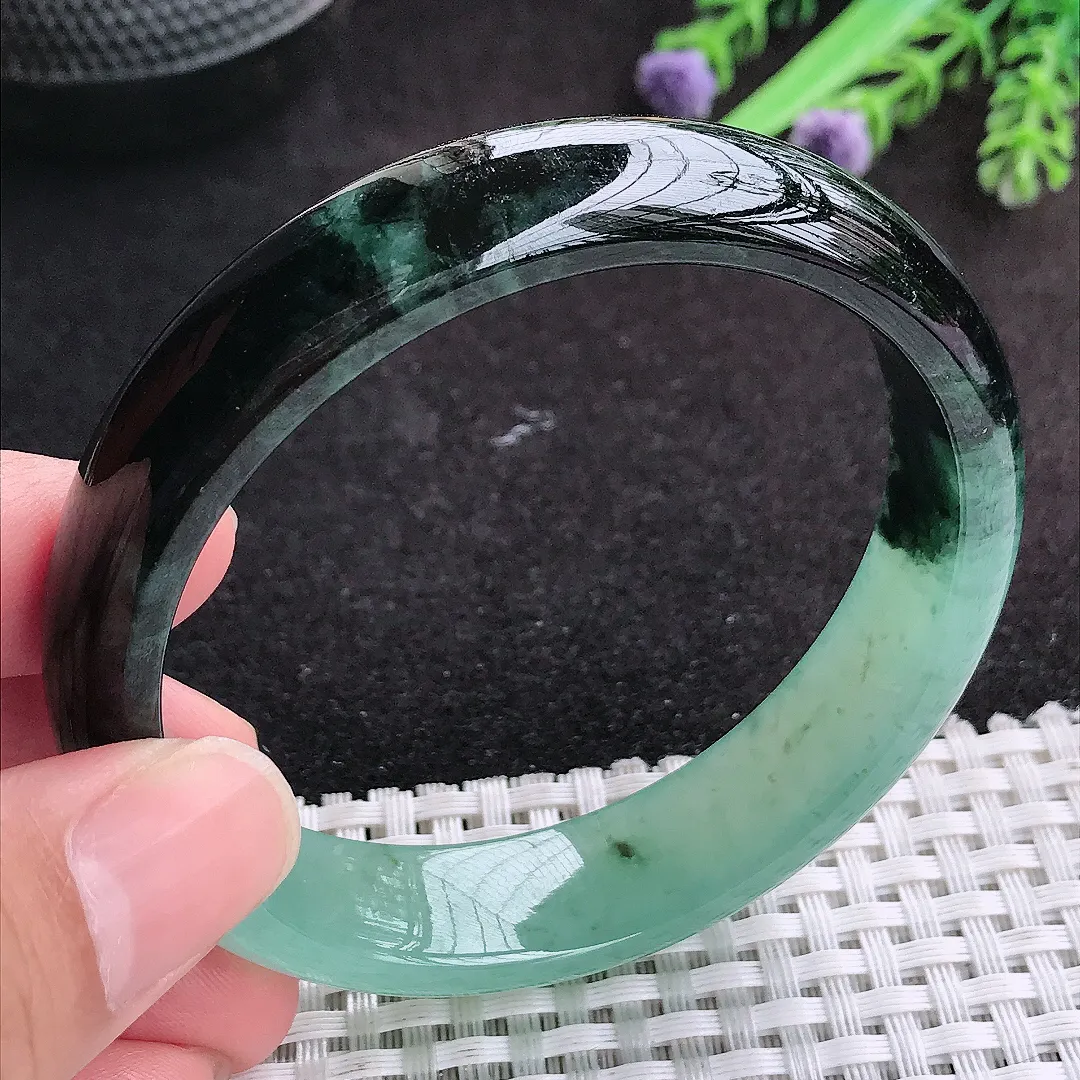 自然光57.5/14/7.5老坑精美冰润特色半山半水飘花手镯天然翡翠玉镯妈妈款百搭