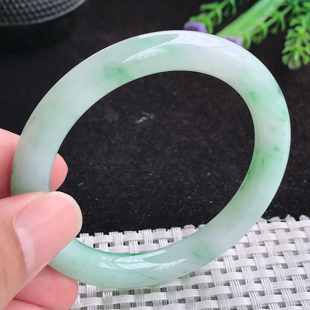 自然光52/7.8/8.6小圈口老坑冰润起胶飘阳绿圆条手镯天然翡翠玉镯女款百搭