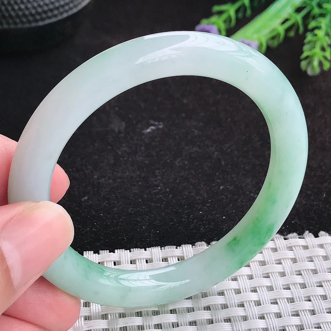 自然光52/7.8/8.6小圈口老坑冰润起胶飘阳绿圆条手镯天然翡翠玉镯女款百搭