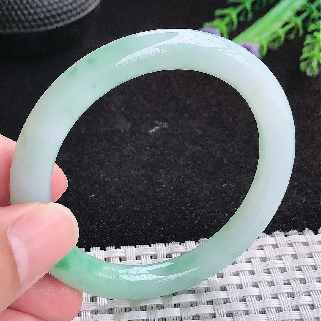 自然光52/7.8/8.6小圈口老坑冰润起胶飘阳绿圆条手镯天然翡翠玉镯女款百搭