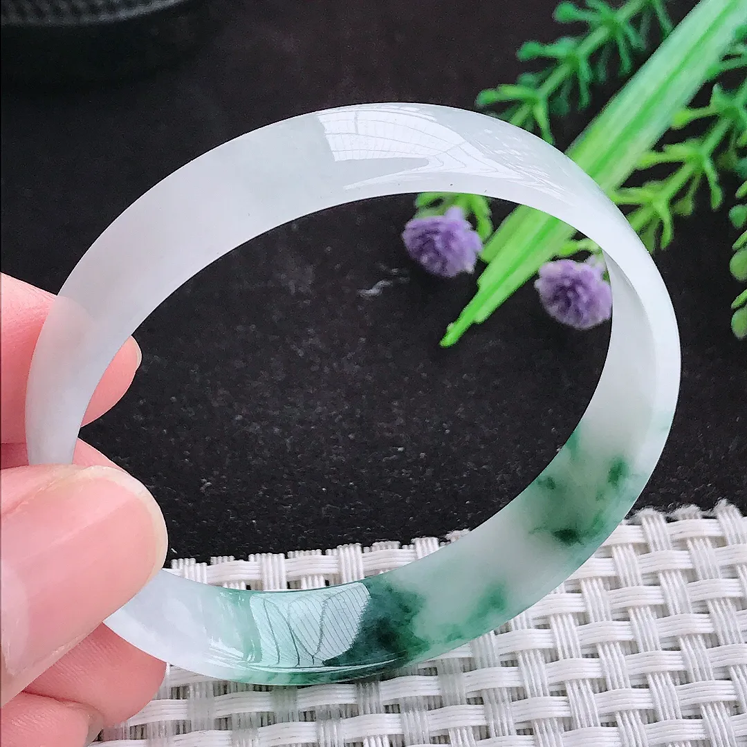 自然光54/11.9/6.2老坑精美冰润飘花福镯天然翡翠手镯女款百搭