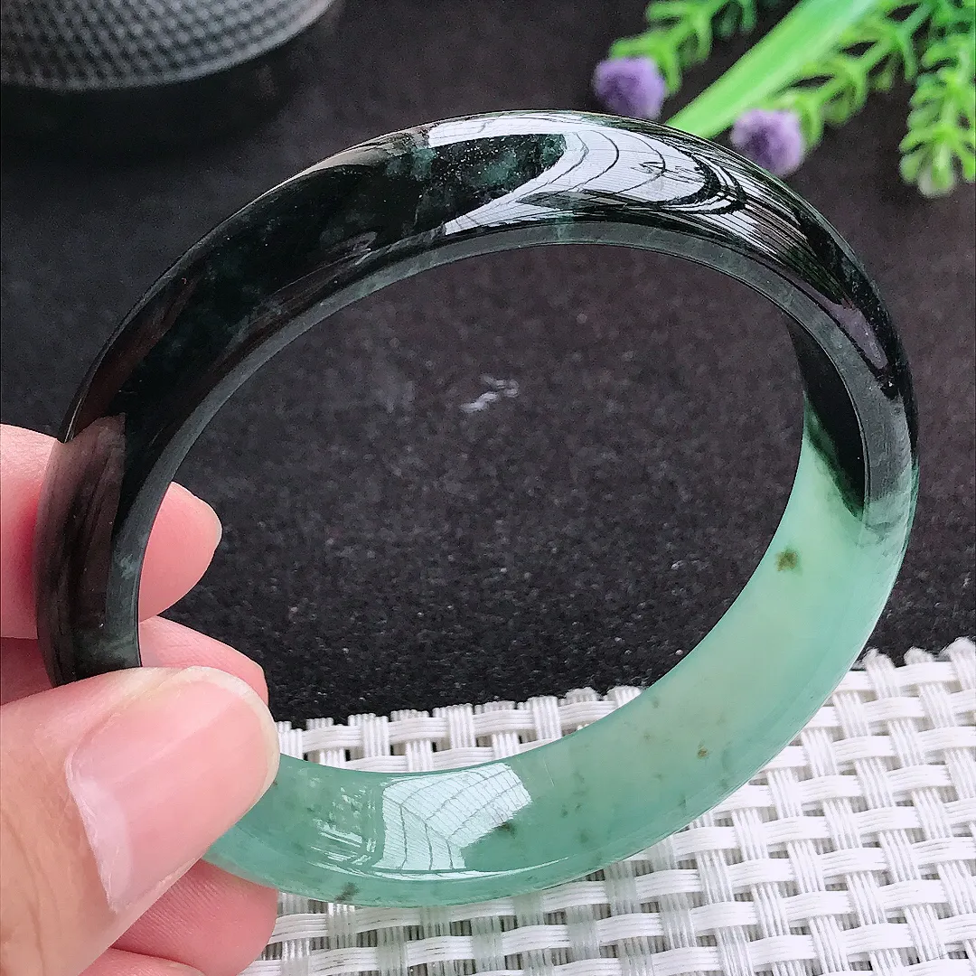 自然光57.5/14/7.5老坑精美冰润特色半山半水飘花手镯天然翡翠玉镯妈妈款百搭