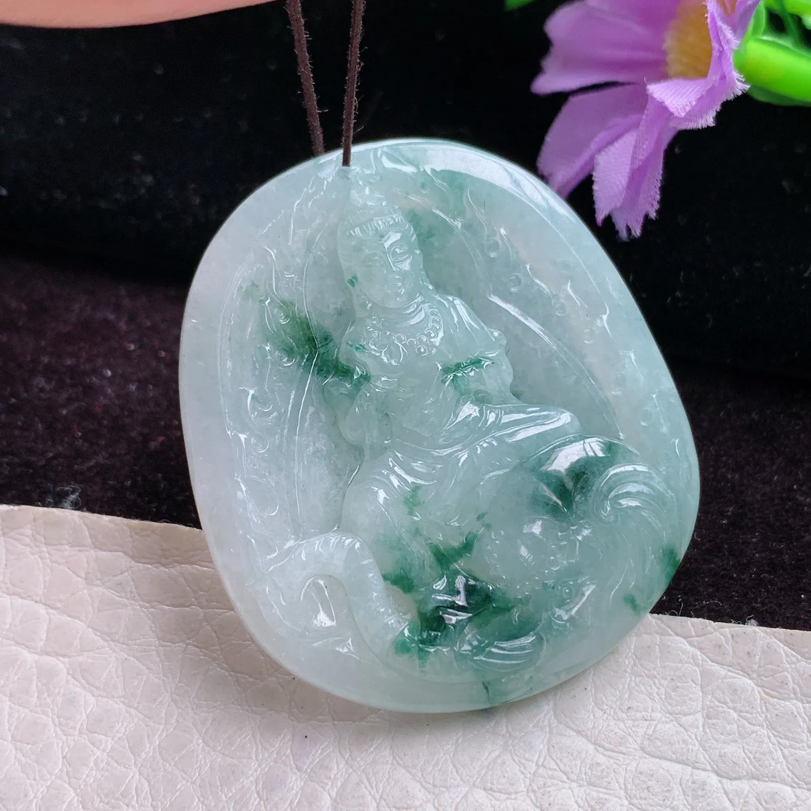 kh实拍42.4*37*5缅甸翡翠精雕飘花普贤菩萨观音玉吊坠 玉挂件