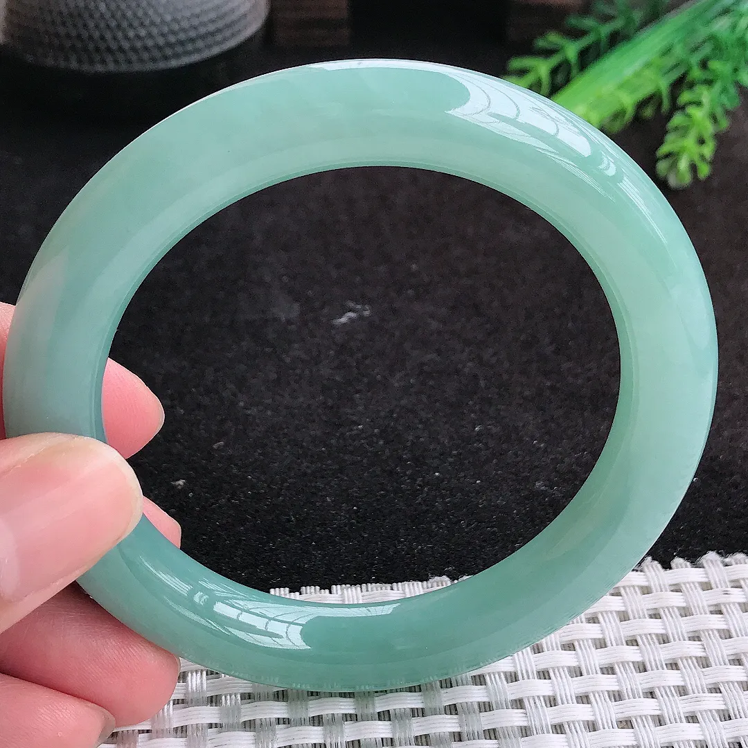 自然光58.5/10.3/10.6老坑冰润起胶满色天空蓝圆条手镯天然翡翠玉镯女款百搭