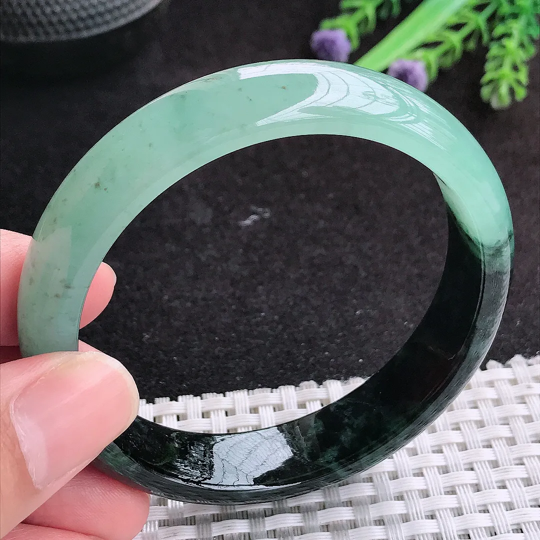 自然光57.5/14/7.5老坑精美冰润特色半山半水飘花手镯天然翡翠玉镯妈妈款百搭