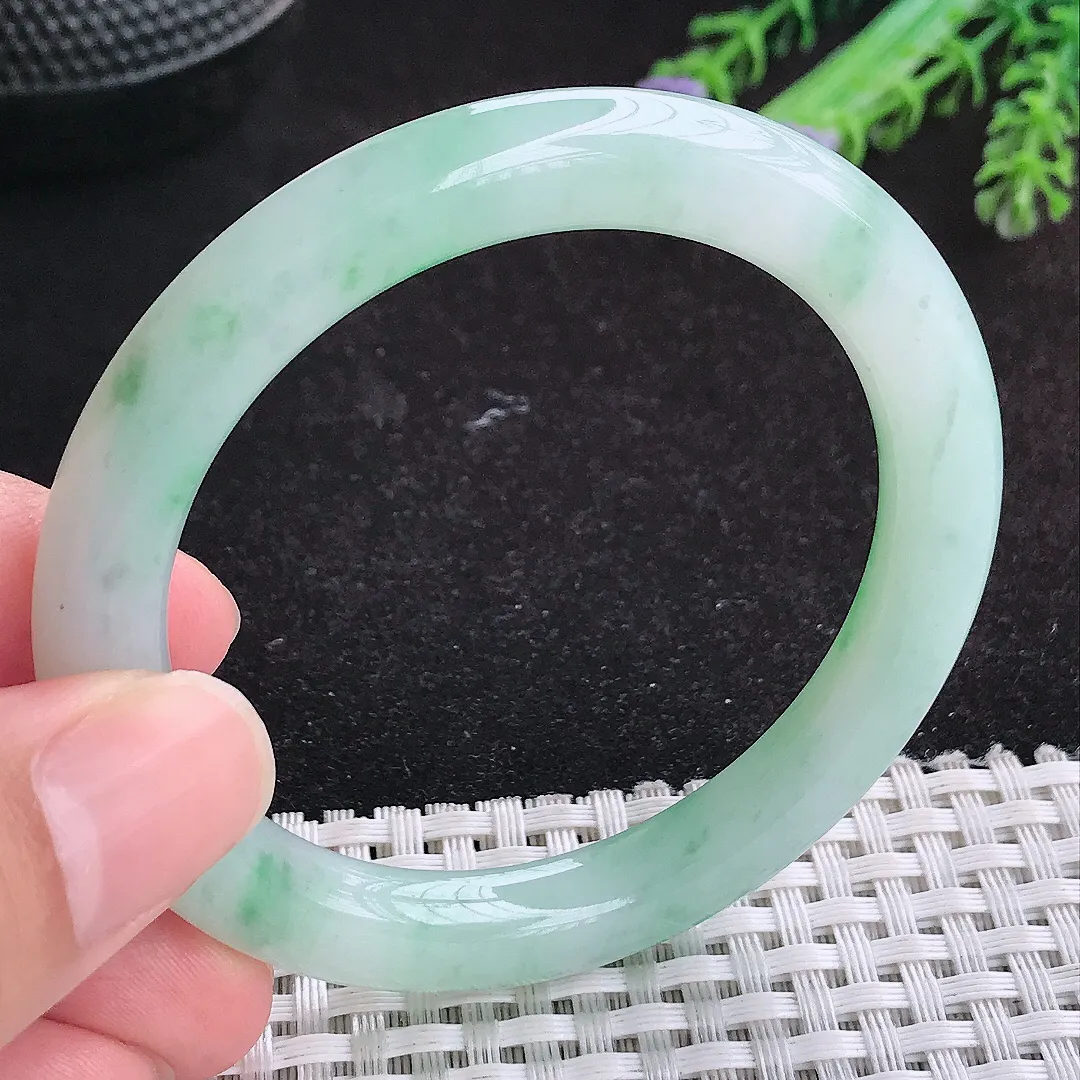 自然光52/7.8/8.6小圈口老坑冰润起胶飘阳绿圆条手镯天然翡翠玉镯女款百搭