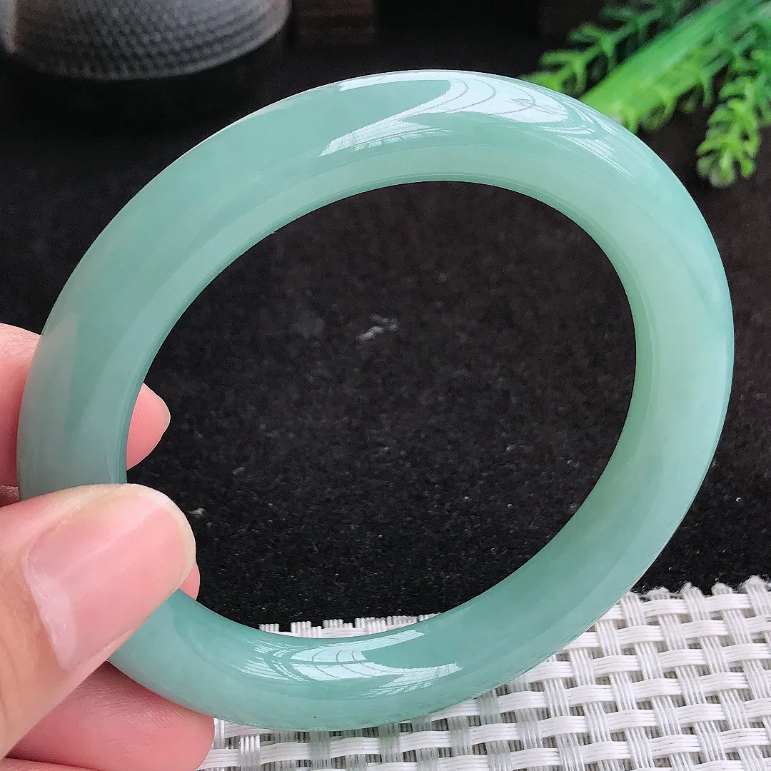 自然光58.5/10.3/10.6老坑冰润起胶满色天空蓝圆条手镯天然翡翠玉镯女款百搭