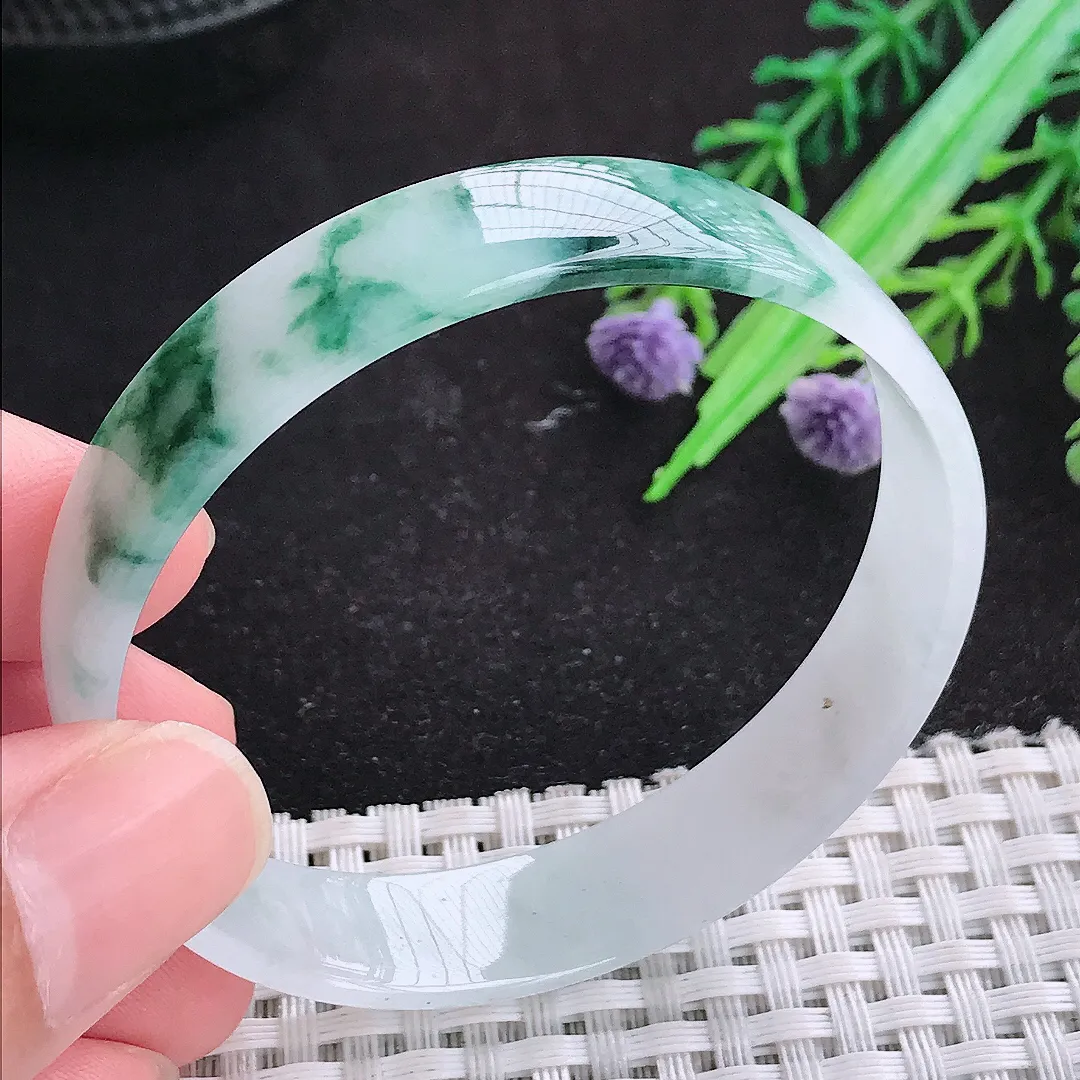 自然光54/11.9/6.2老坑精美冰润飘花福镯天然翡翠手镯女款百搭