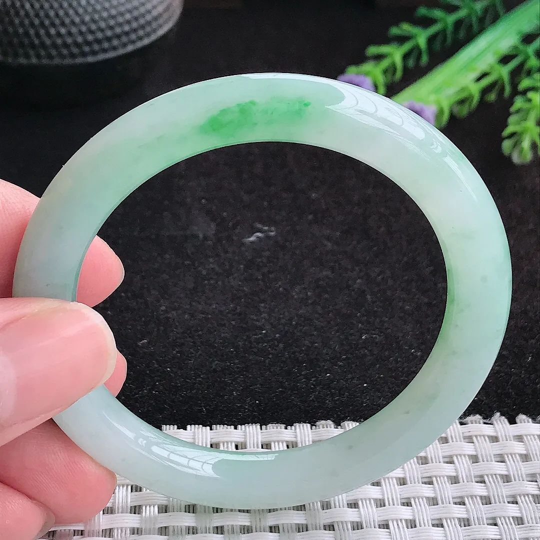 自然光52/7.8/8.6小圈口老坑冰润起胶飘阳绿圆条手镯天然翡翠玉镯女款百搭