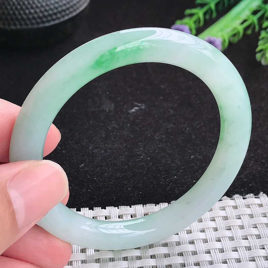 自然光52/7.8/8.6小圈口老坑冰润起胶飘阳绿圆条手镯天然翡翠玉镯女款百搭