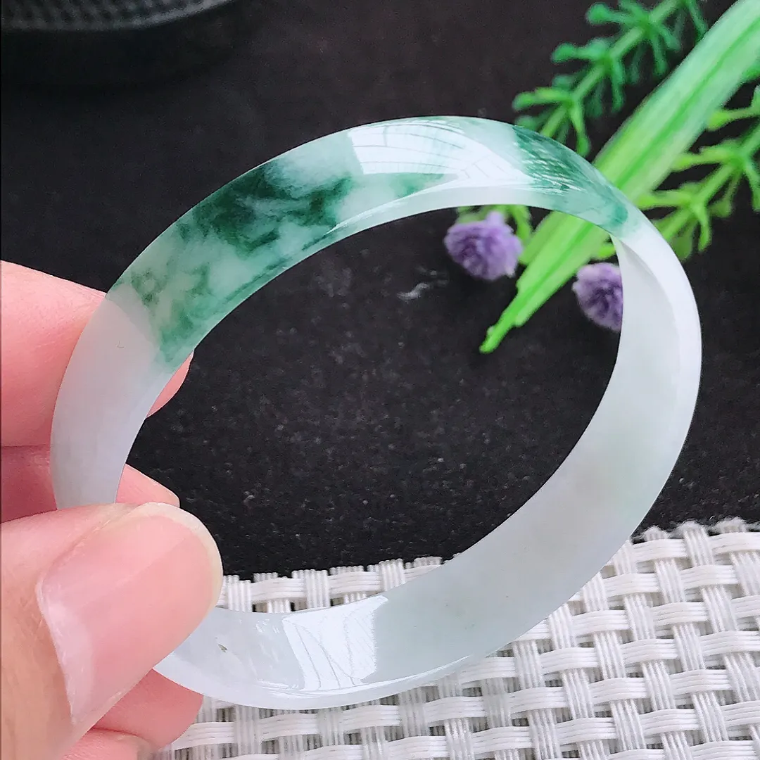 自然光54/11.9/6.2老坑精美冰润飘花福镯天然翡翠手镯女款百搭