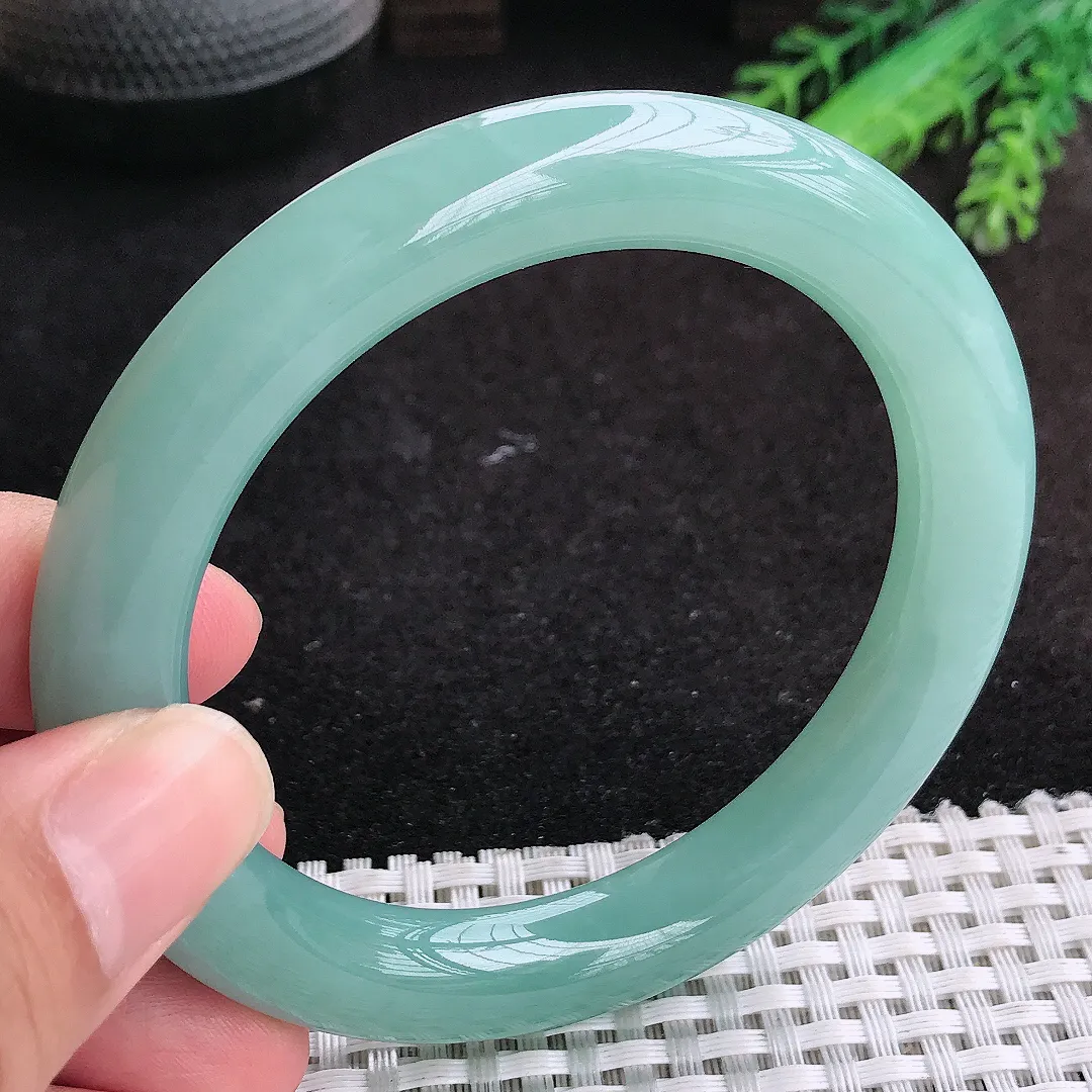 自然光58.5/10.3/10.6老坑冰润起胶满色天空蓝圆条手镯天然翡翠玉镯女款百搭