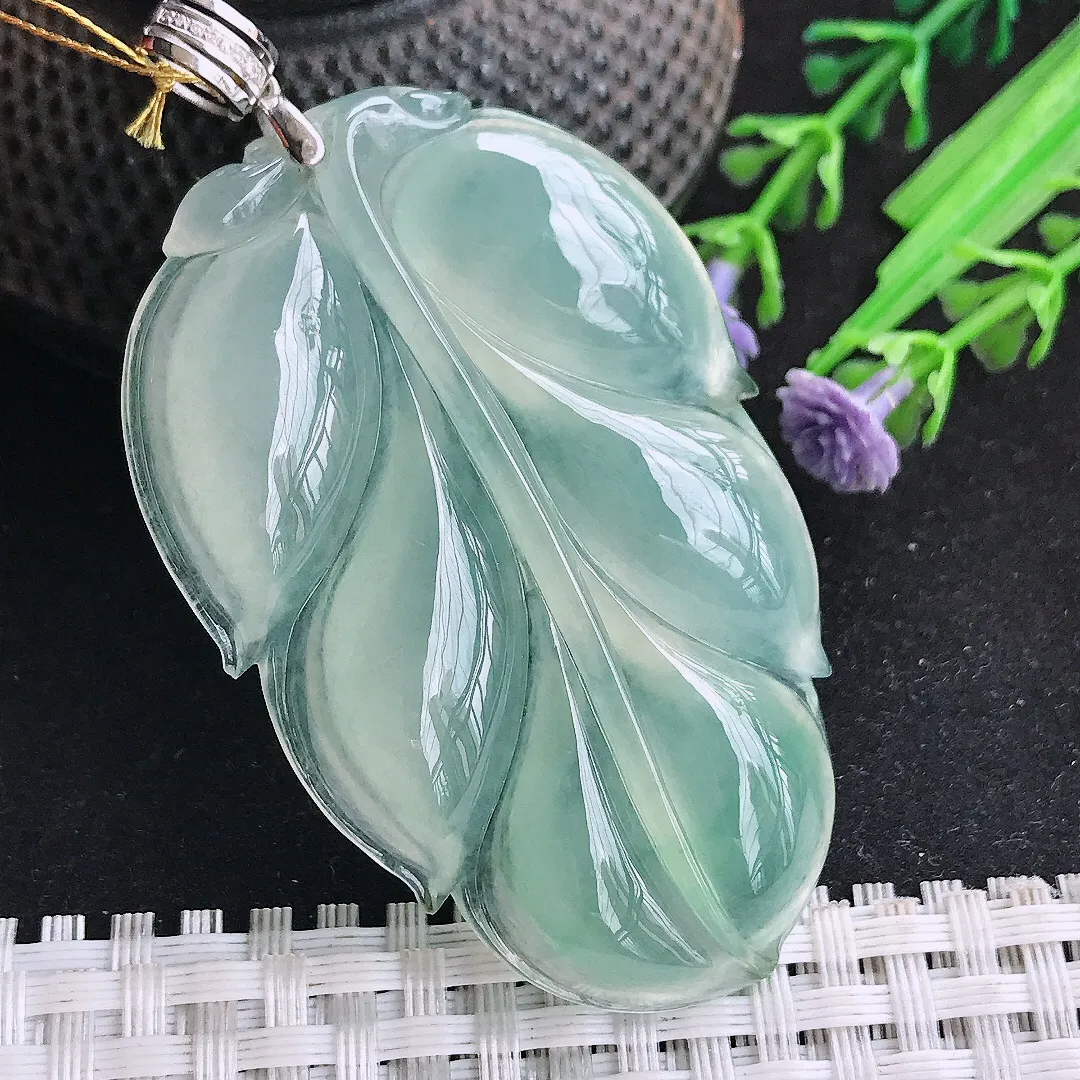 自然光57.2/37.2/8老坑18k金镶嵌冰种果冻胶冰晴绿大叶子吊坠翡翠玉坠