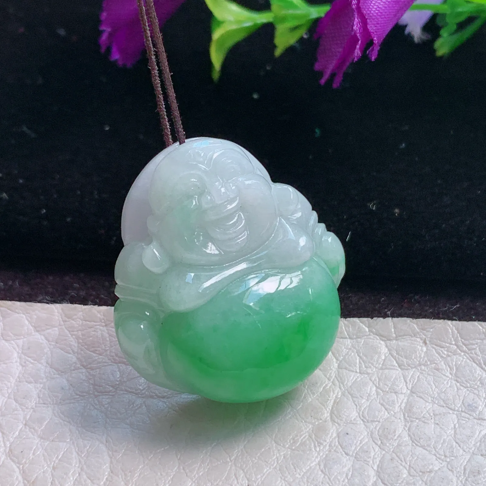 xqa实拍27*25.5*12缅甸翡翠精雕半山水佛公 开心佛玉吊坠 玉挂件