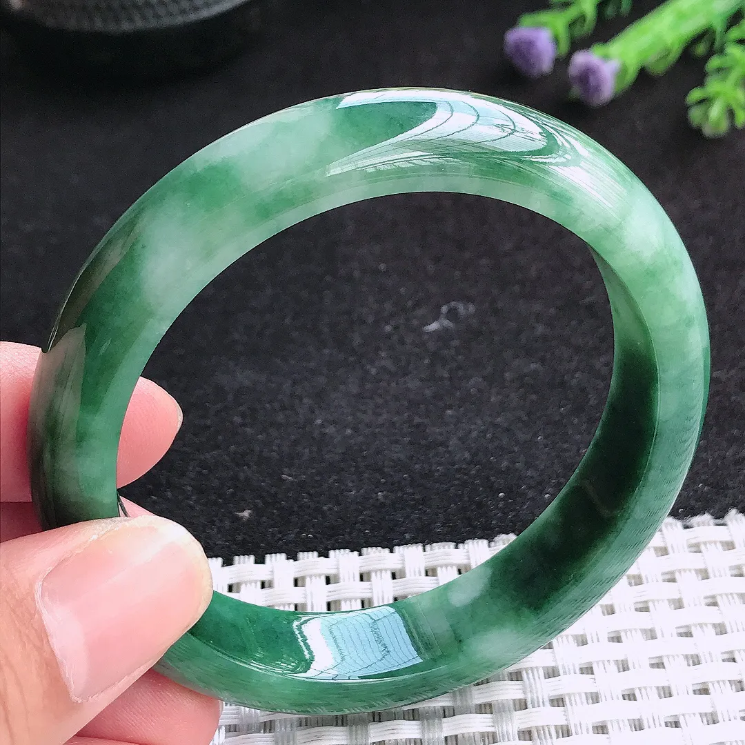 自然光56.5/12.7/8.1老坑精美温润特色飘花手镯天然翡翠玉镯女款百搭