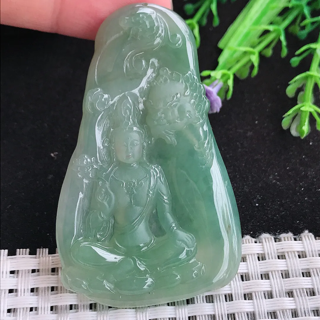 自然光63/39/5.2老坑冰润起胶冰晴绿文殊菩萨吊坠翡翠玉坠