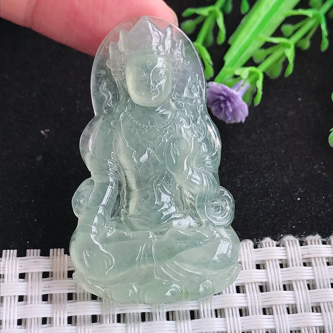 自然光49.7/29/5.2老坑冰种果冻胶冰甜绿渡母菩萨吊坠翡翠玉坠