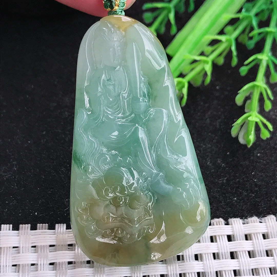 自然光54/31.2/7.8老坑冰胶果冻黄加绿文殊菩萨吊坠翡翠玉坠