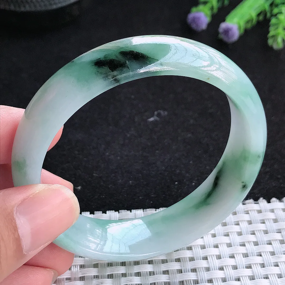 自然光56.5/16/7.2老坑精美温润飘花手镯天然翡翠玉镯女款百搭