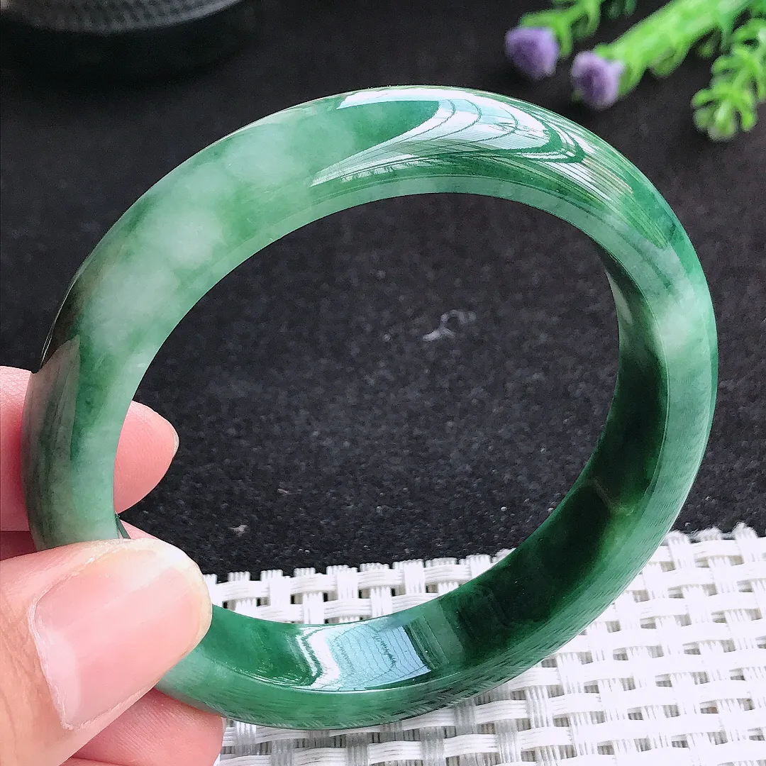 自然光56.5/12.7/8.1老坑精美温润特色飘花手镯天然翡翠玉镯女款百搭