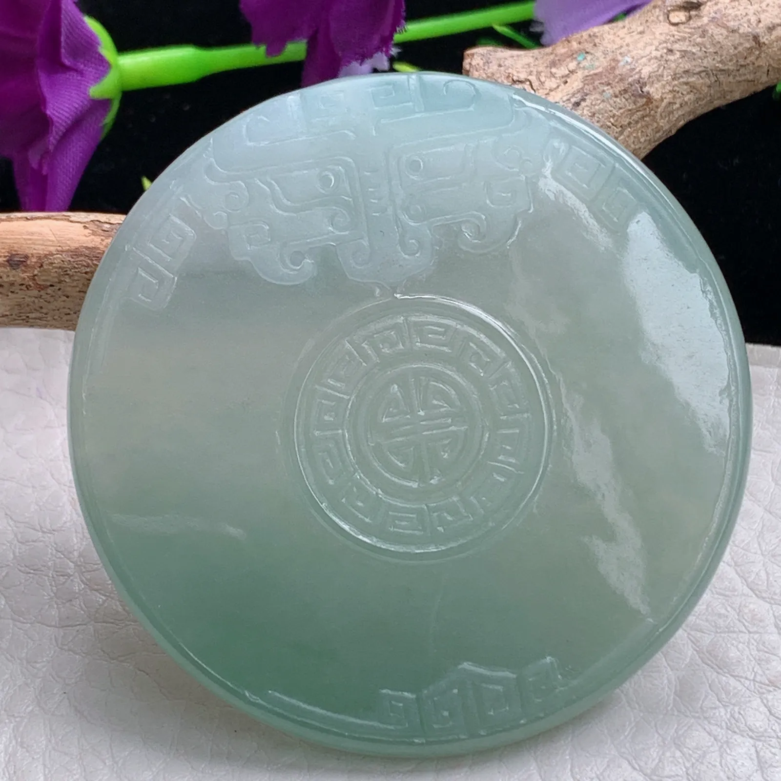 bg实拍56*5缅甸翡翠精雕仿古雕花玉佩吊坠吉祥平安扣项坠