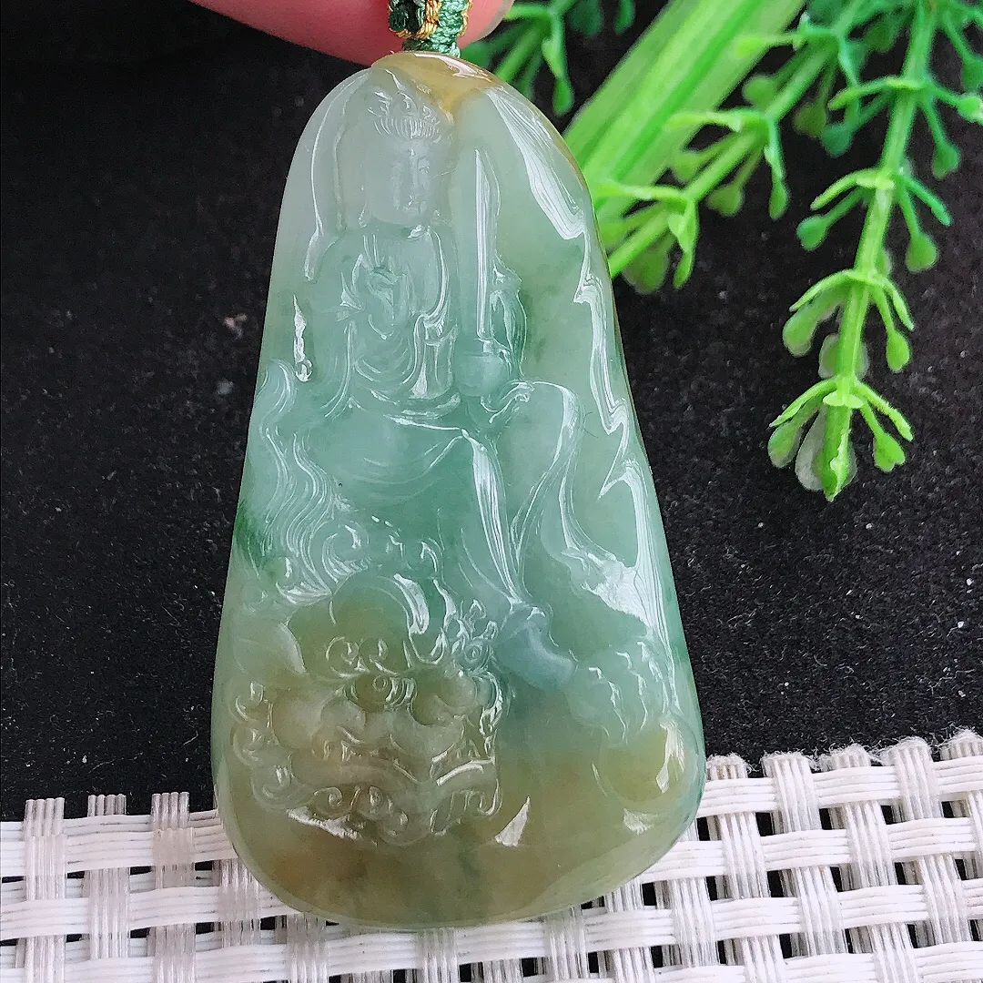 自然光54/31.2/7.8老坑冰胶果冻黄加绿文殊菩萨吊坠翡翠玉坠