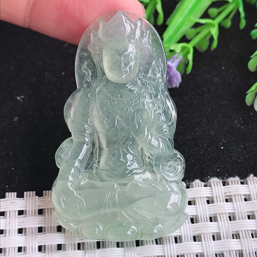 自然光49.7/29/5.2老坑冰种果冻胶冰甜绿渡母菩萨吊坠翡翠玉坠