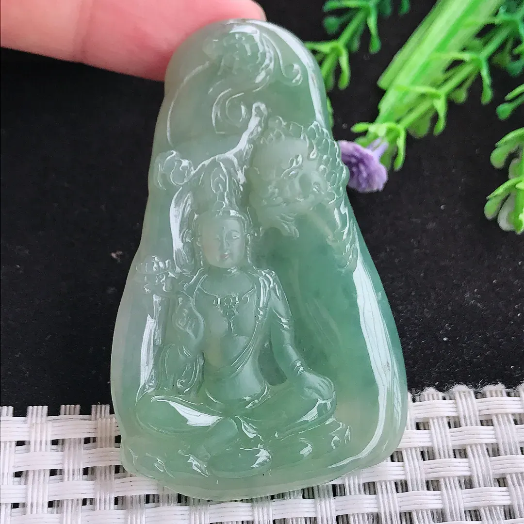 自然光63/39/5.2老坑冰润起胶冰晴绿文殊菩萨吊坠翡翠玉坠