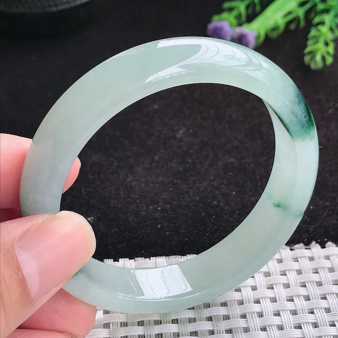 自然光54.5/12.9/7.3老坑冰胶水灵挺特色水墨飘花手镯天然翡翠玉镯女款百搭