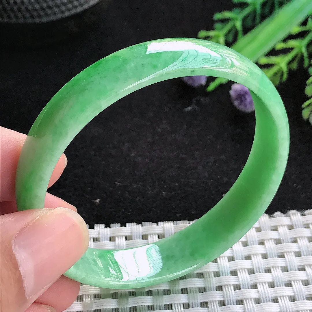 自然光53/12/4.4老坑精美满绿福镯天然翡翠玉镯女款百搭