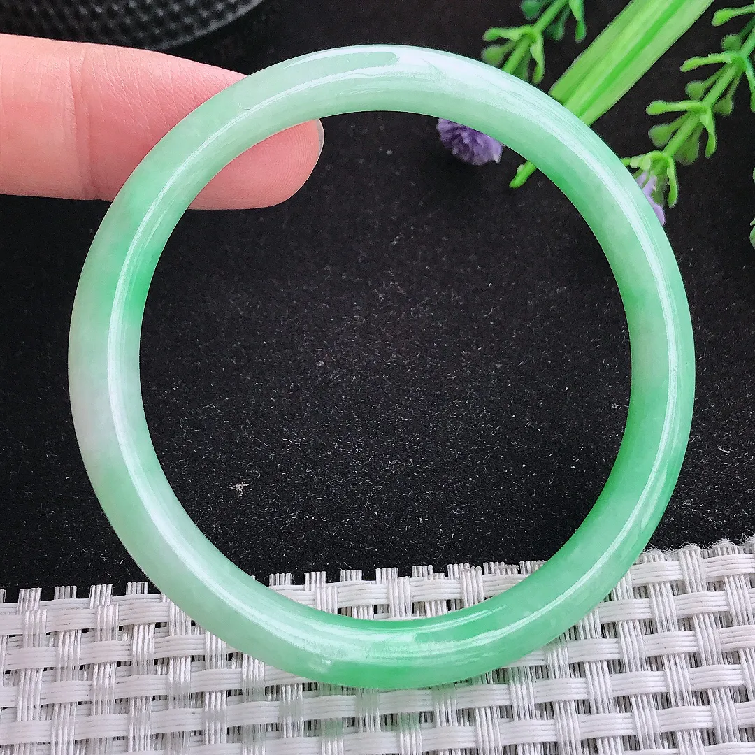 自然光54.5/6.5/6.8老坑精美满绿飘阳绿细条手镯天然翡翠玉镯女款百搭