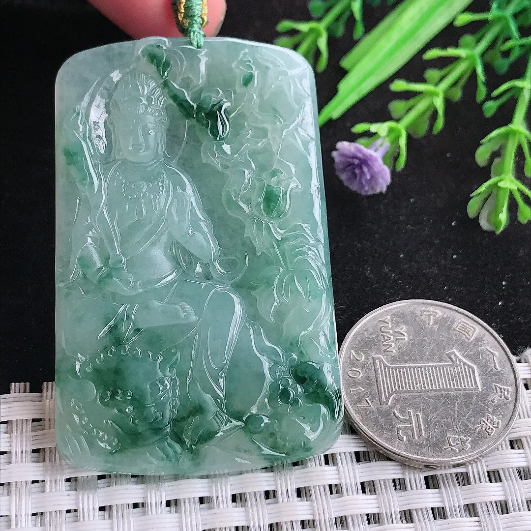 自然光57/36.5/5.2老坑冰胶水灵飘花文殊菩萨吊坠翡翠玉坠