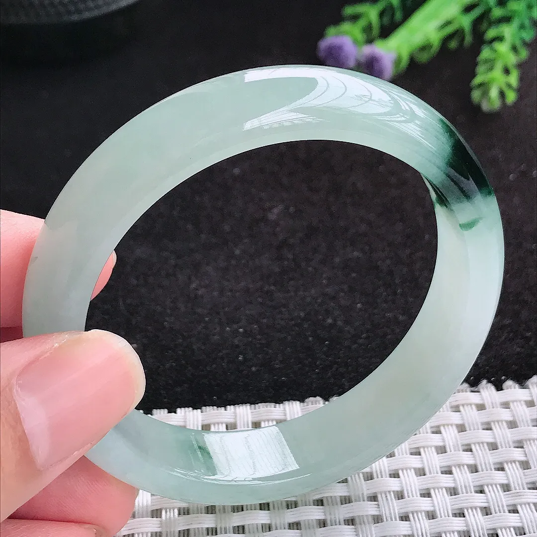 自然光54.5/12.9/7.3老坑冰胶水灵挺特色水墨飘花手镯天然翡翠玉镯女款百搭