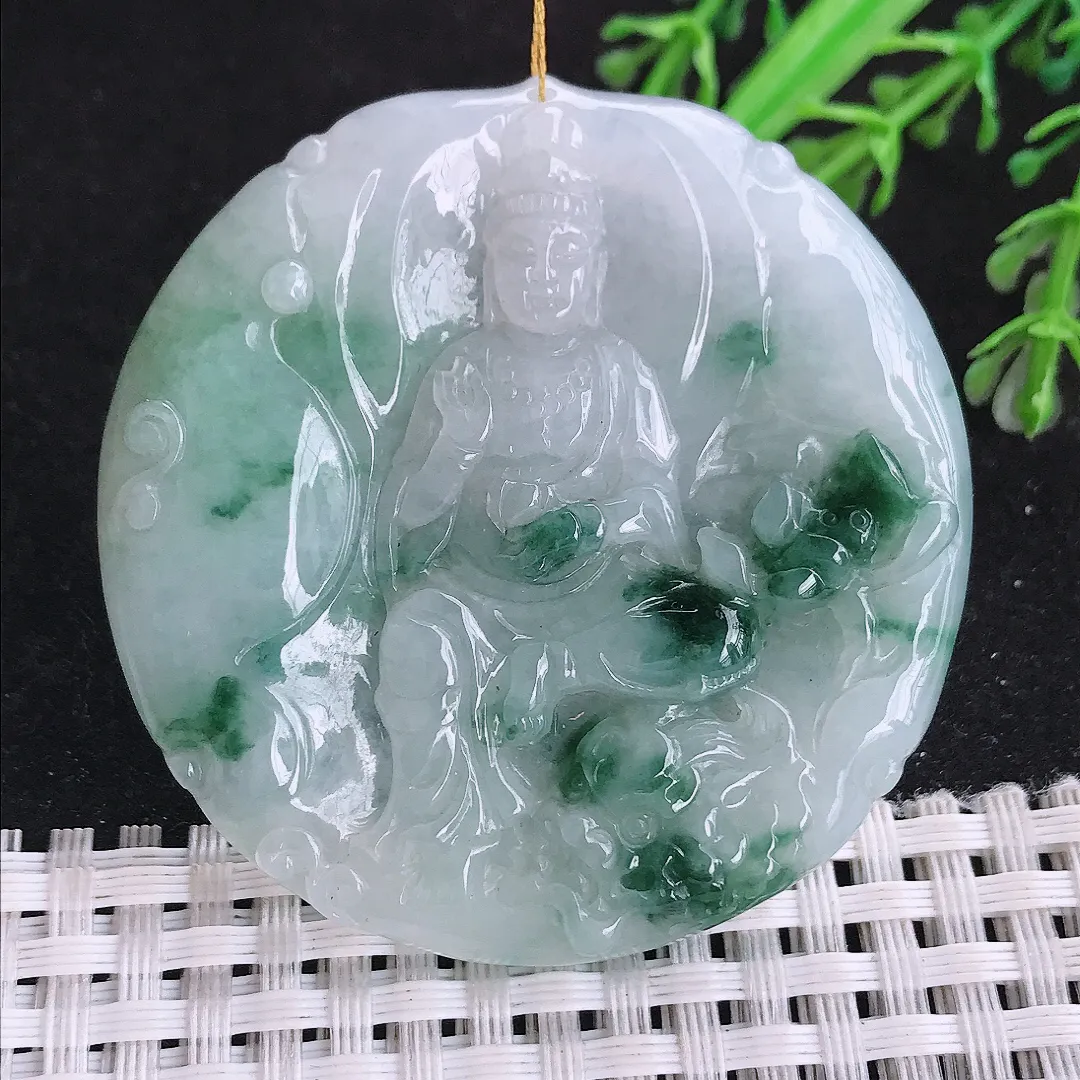 自然光52.5/52/5.5老坑精美冰润飘花文殊菩萨吊坠翡翠玉坠