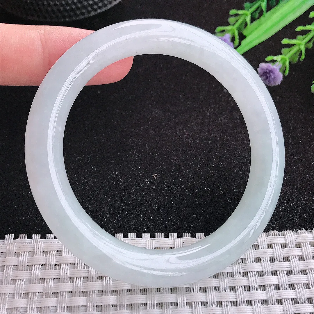 自然光55.5/10/9.8老坑冰胶水灵白月光圆条手镯天然翡翠玉镯女款百搭