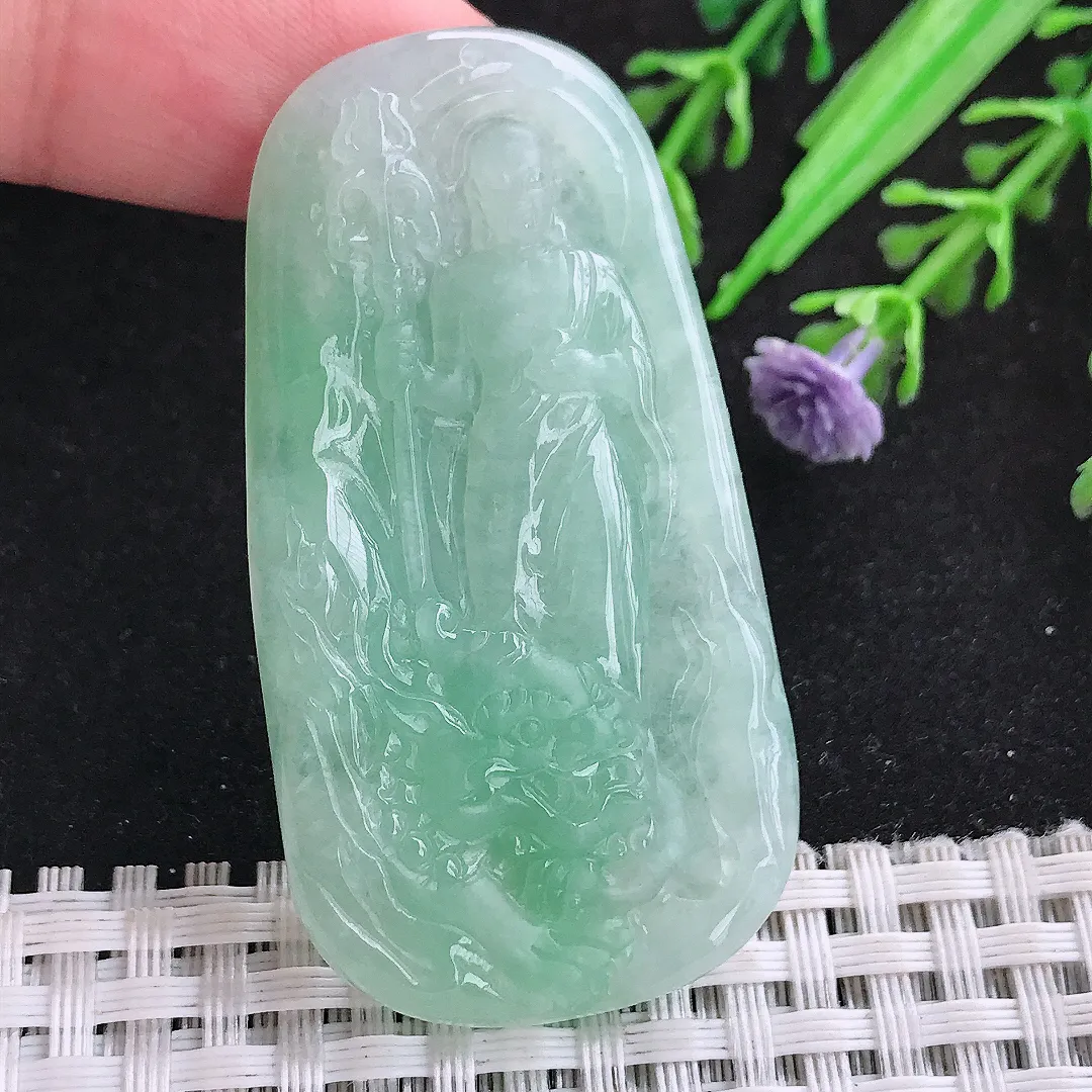 自然光54.3/28.8/6老坑冰润水灵冰晴绿地藏王菩萨吊坠翡翠玉坠