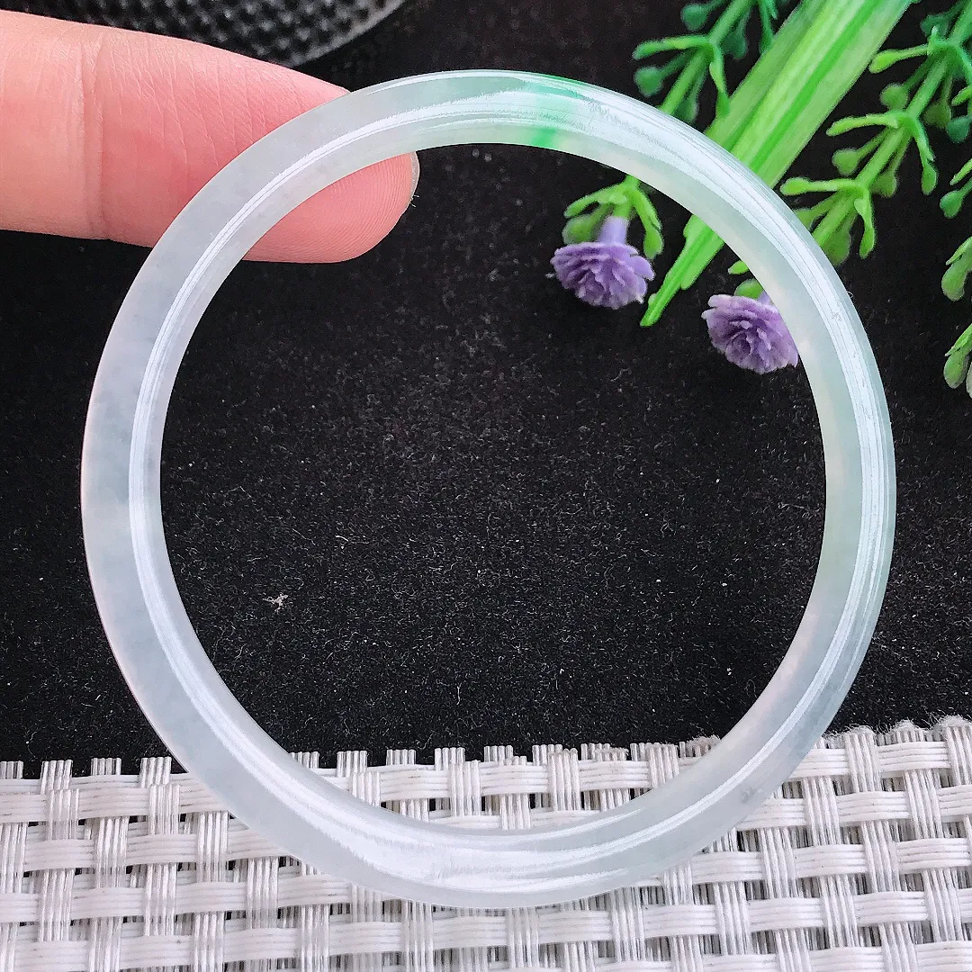自然光54.5/4.1/5.7老坑冰种果冻胶飘阳绿细条手镯天然翡翠玉镯女款百搭