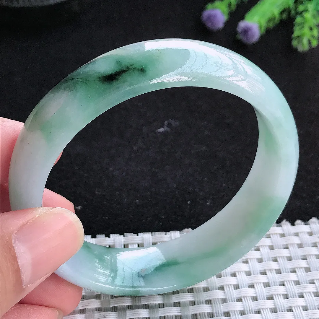 自然光56.5/16/7.2老坑精美温润飘花手镯天然翡翠玉镯女款百搭