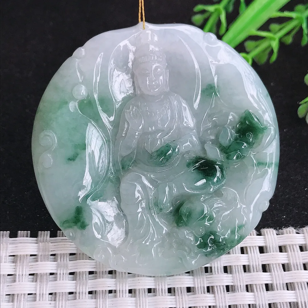 自然光52.5/52/5.5老坑精美冰润飘花文殊菩萨吊坠翡翠玉坠