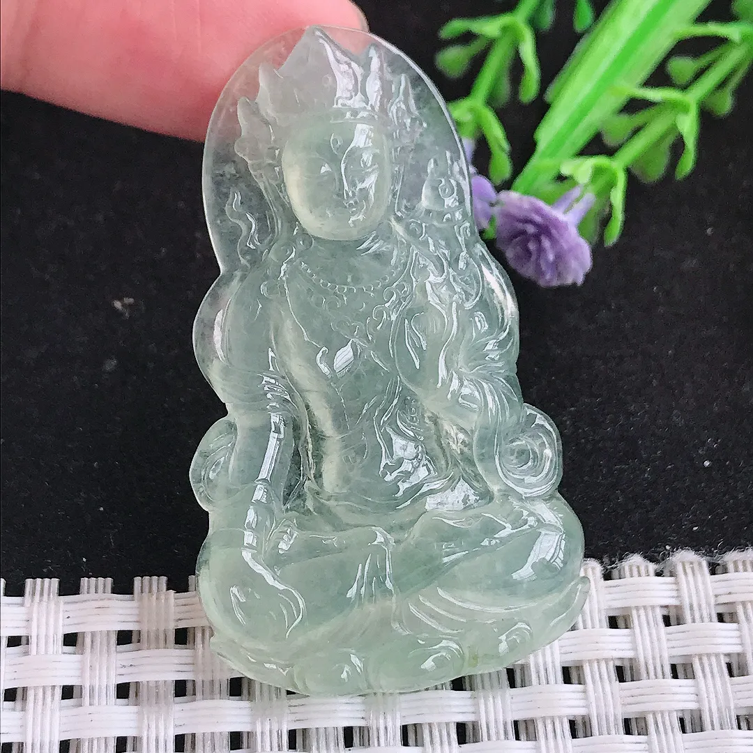 自然光49.7/29/5.2老坑冰种果冻胶冰甜绿渡母菩萨吊坠翡翠玉坠