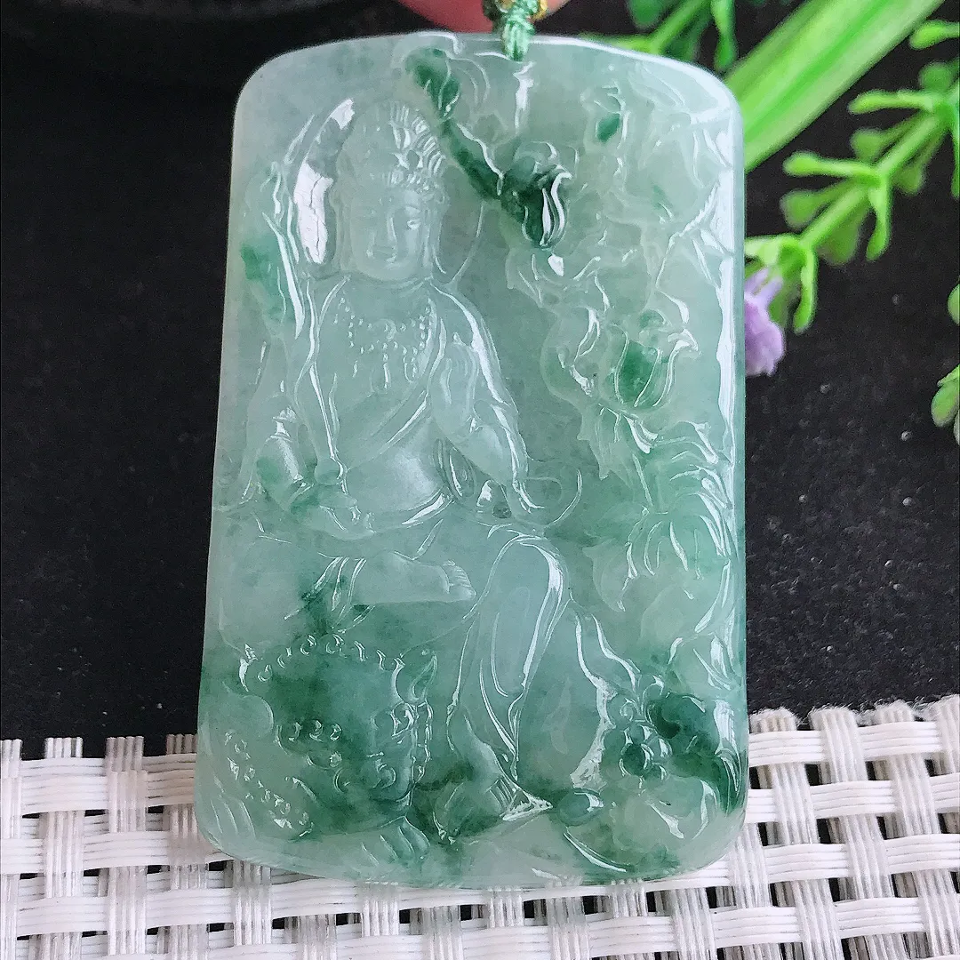 自然光57/36.5/5.2老坑冰胶水灵飘花文殊菩萨吊坠翡翠玉坠