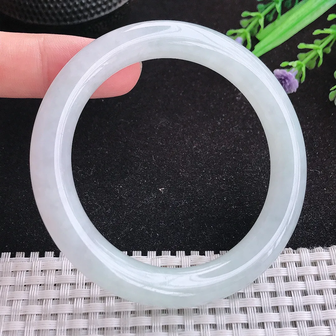 自然光55.5/10/9.8老坑冰胶水灵白月光圆条手镯天然翡翠玉镯女款百搭