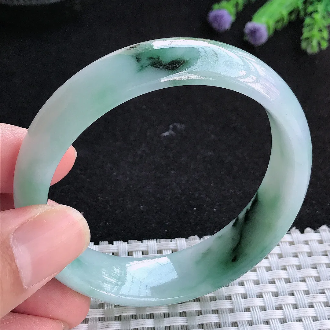 自然光56.5/16/7.2老坑精美温润飘花手镯天然翡翠玉镯女款百搭