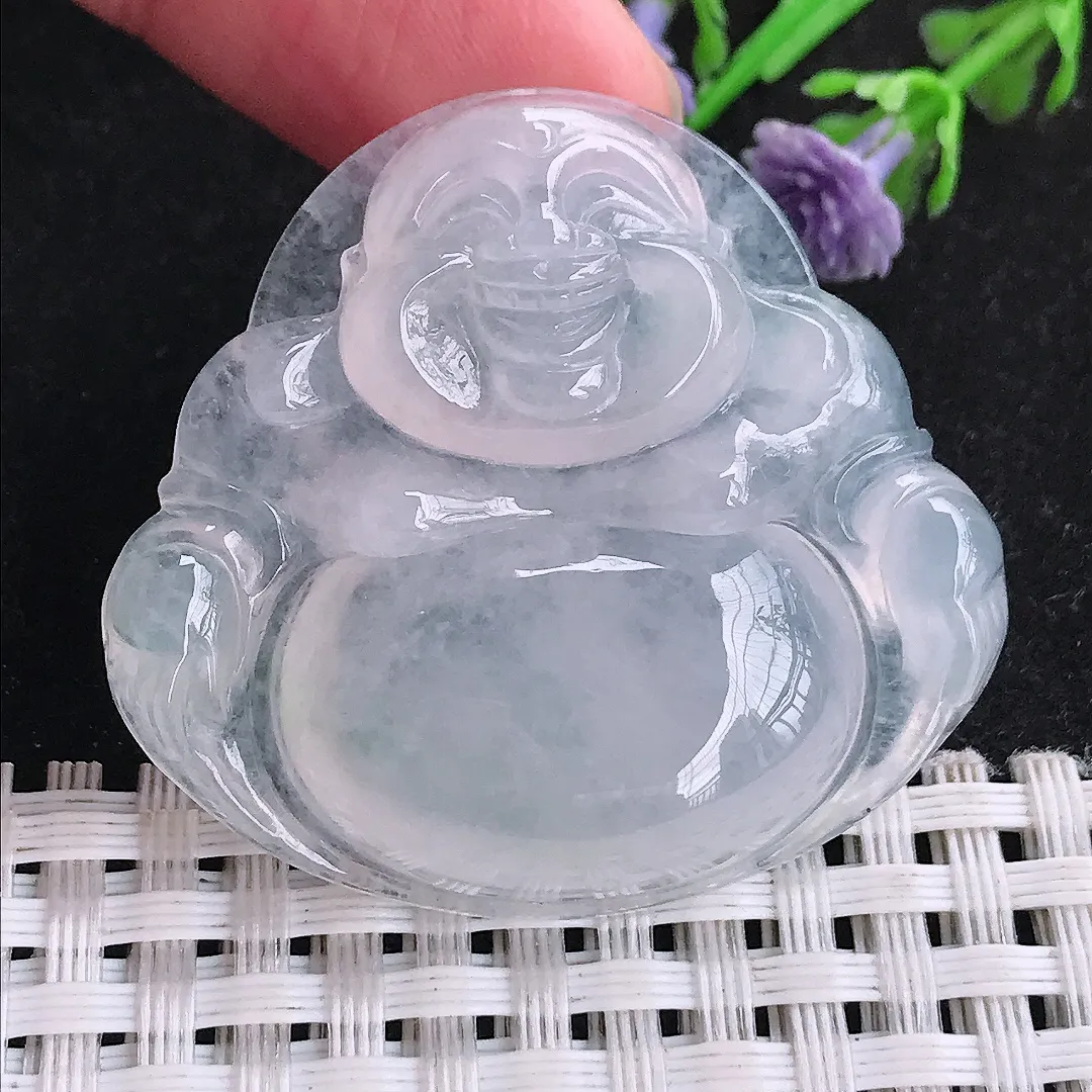 自然光38/41.3/8.5老坑冰种起光佛公吊坠翡翠玉佛坠