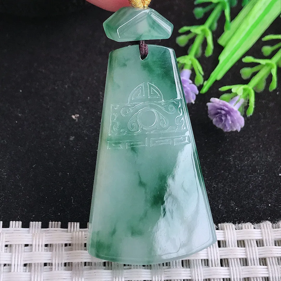 自然光44.5/26.6/6.2老坑精美冰润飘花无事牌吊坠翡翠玉坠
