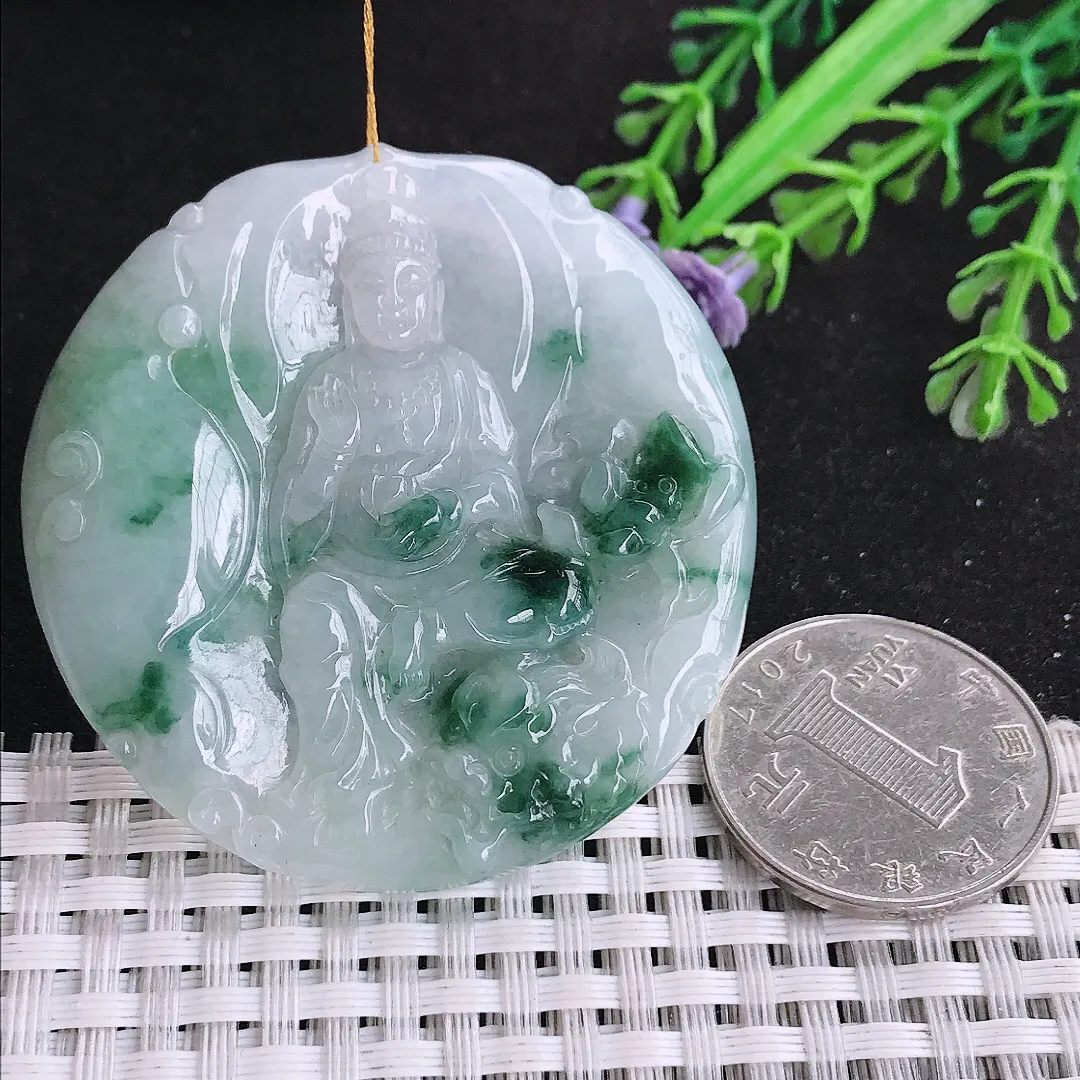 自然光52.5/52/5.5老坑精美冰润飘花文殊菩萨吊坠翡翠玉坠