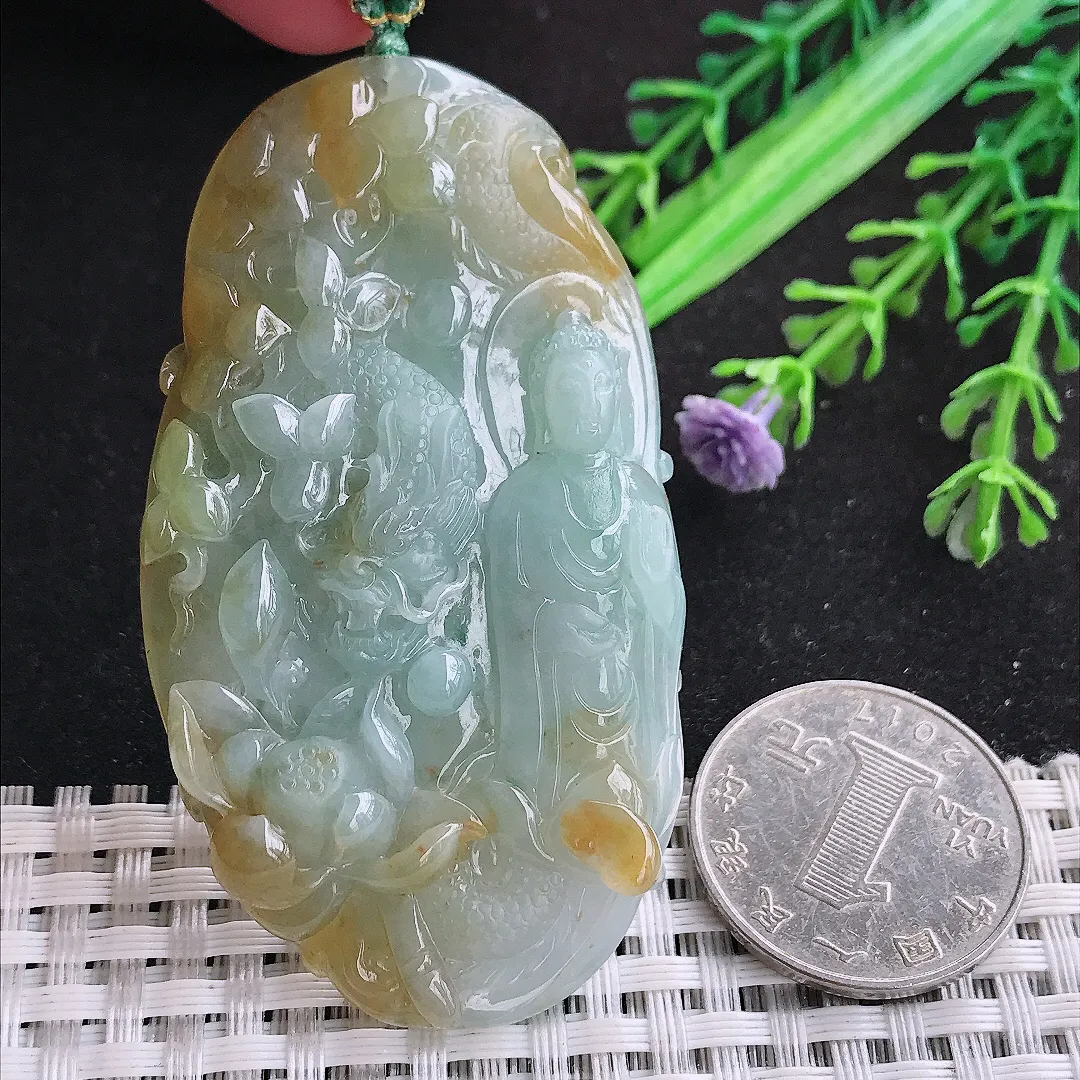 自然光66.8/37.4/8.6老坑冰润起胶飘黄翡阿弥陀佛吊坠翡翠玉坠