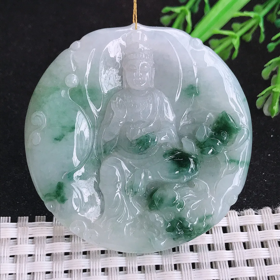 自然光52.5/52/5.5老坑精美冰润飘花文殊菩萨吊坠翡翠玉坠