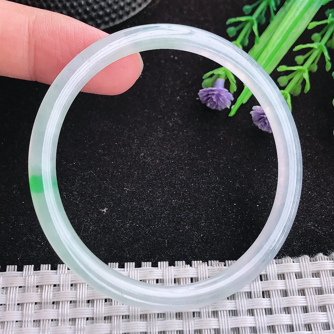 自然光54.5/4.1/5.7老坑冰种果冻胶飘阳绿细条手镯天然翡翠玉镯女款百搭