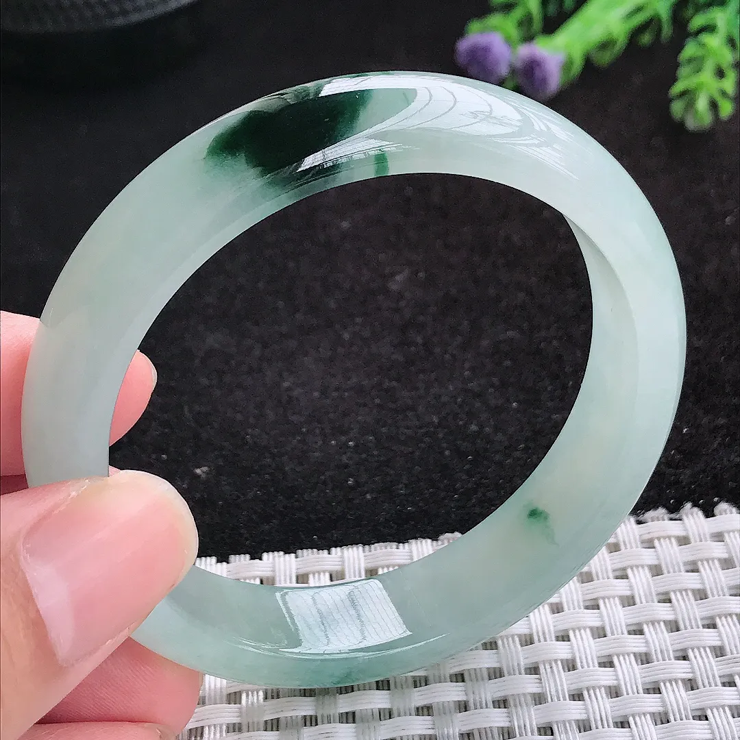 自然光54.5/12.9/7.3老坑冰胶水灵挺特色水墨飘花手镯天然翡翠玉镯女款百搭